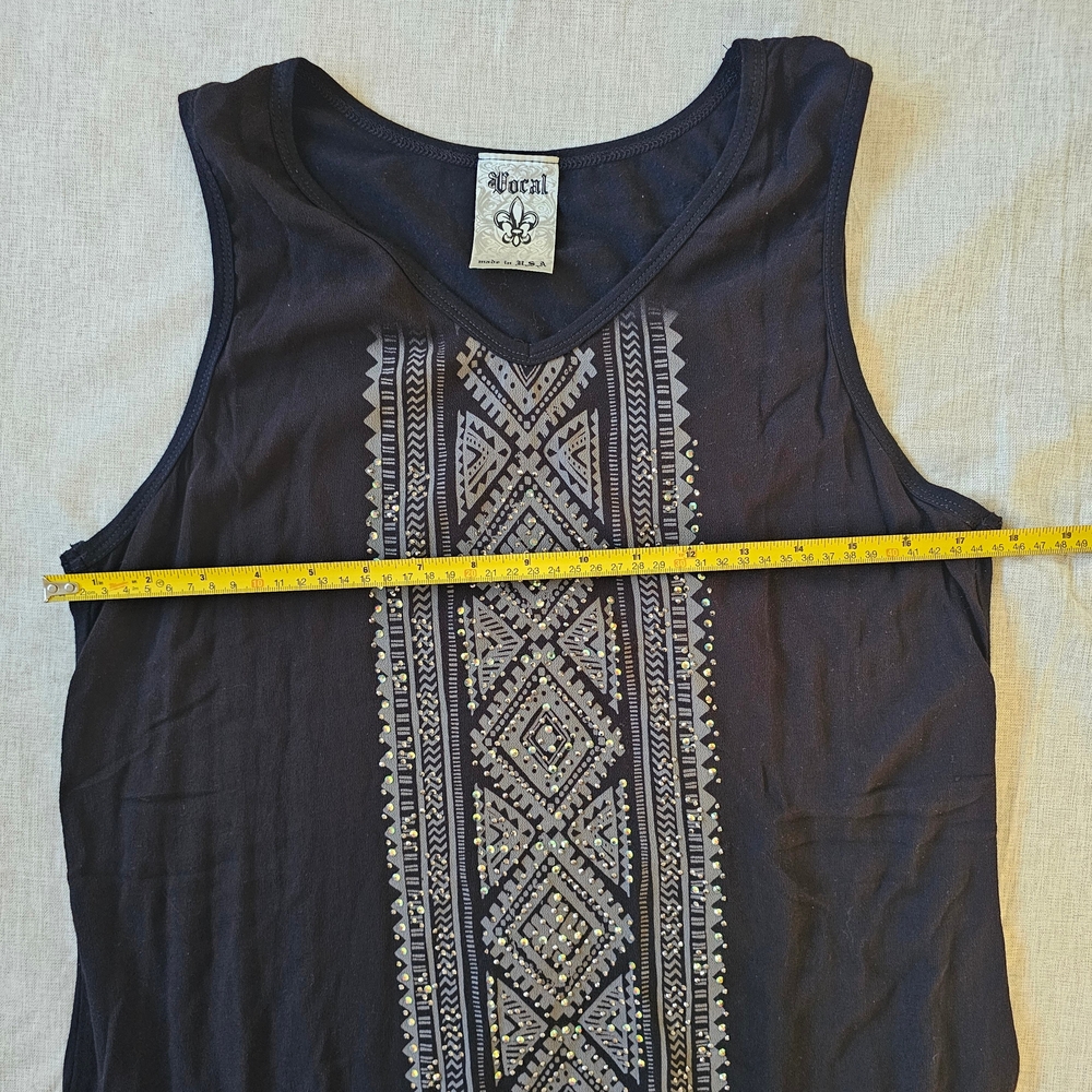 Vocal Women's Black Sleeveless Fringe Rhinestone Tunic Blouse XL Made in the USA - Picture 6 of 8